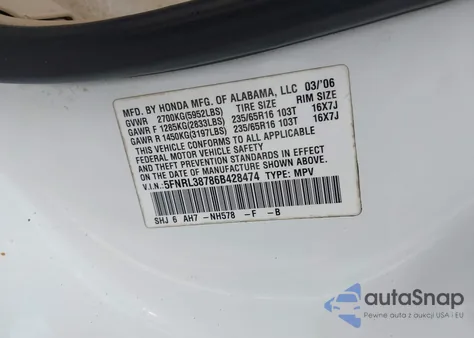 2006 Honda Odyssey Ex-L from USA, damaged, VIN 5FNRL38786B428474